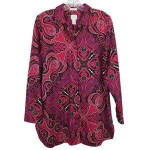 Chico's Vibrant red purple Blouse sz 1 sz M Button up Paisley Print Cotton